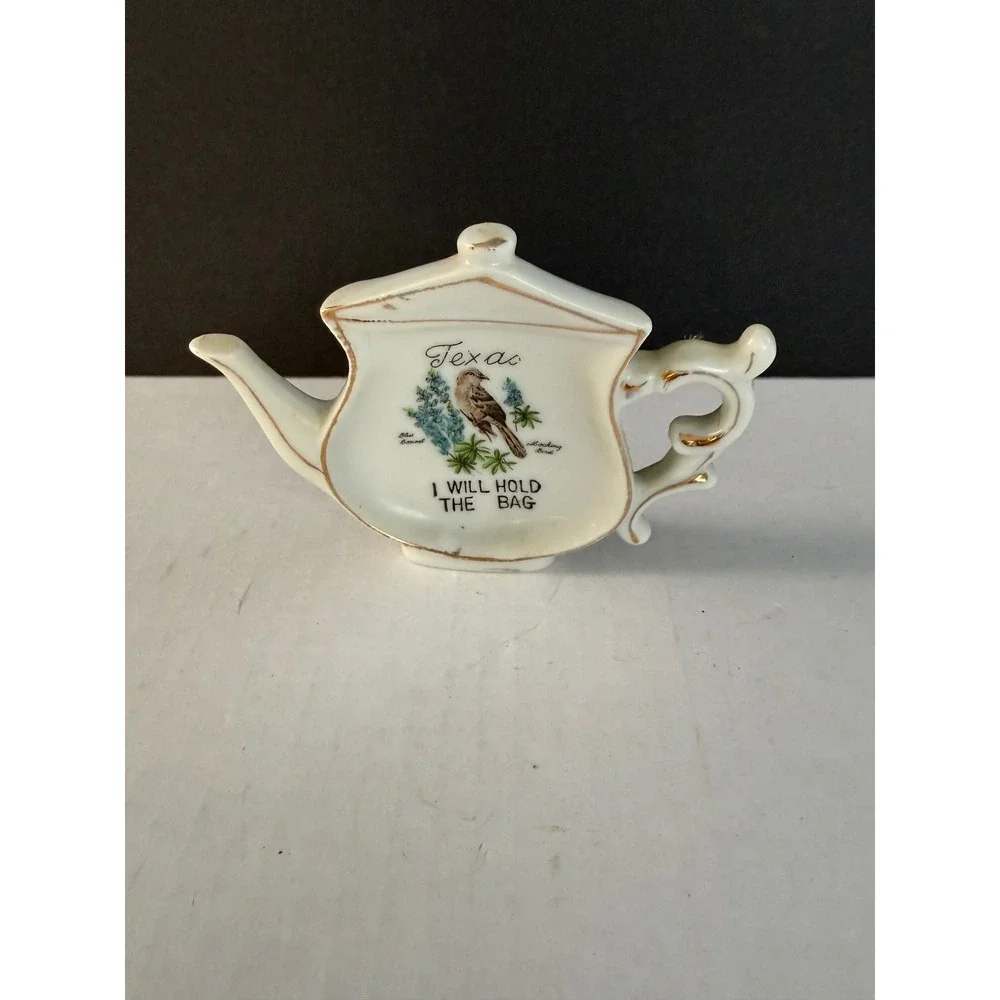 Vintage Texas Tea Bag Holder Mockingbird Bluebonnet Ceramic Gold Trim